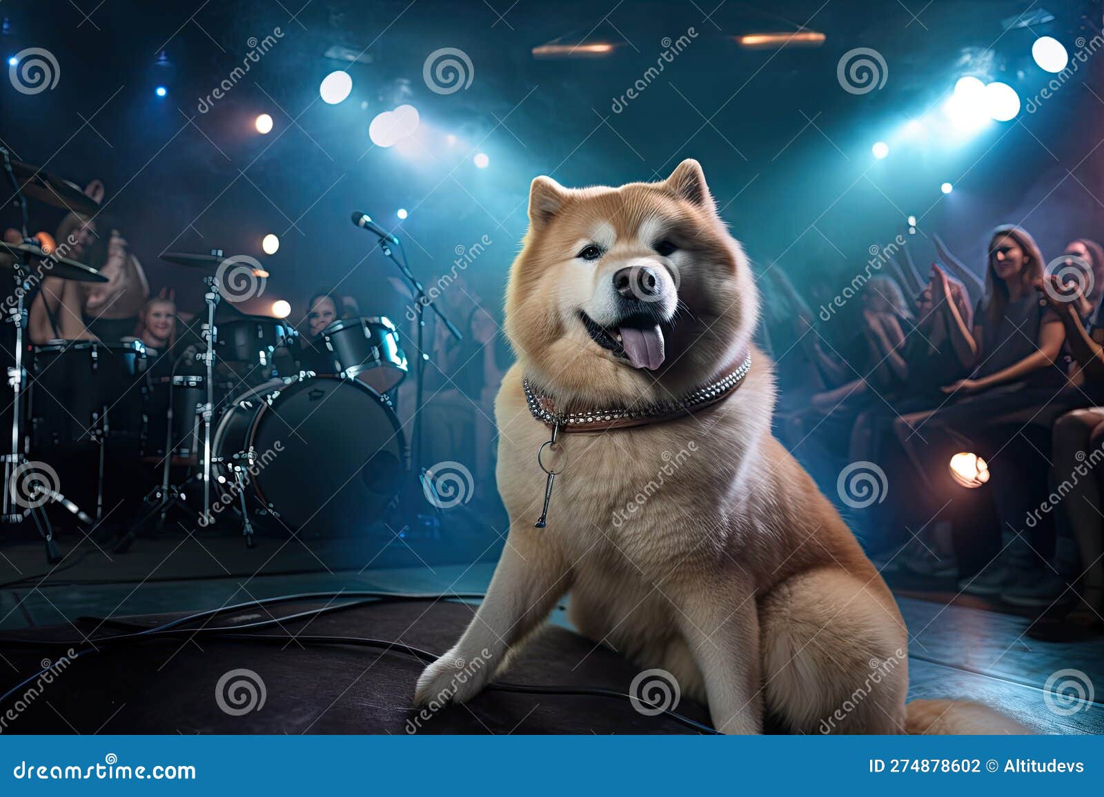 photoshopped image of dog sitting on stage in front of crowd, performing with band