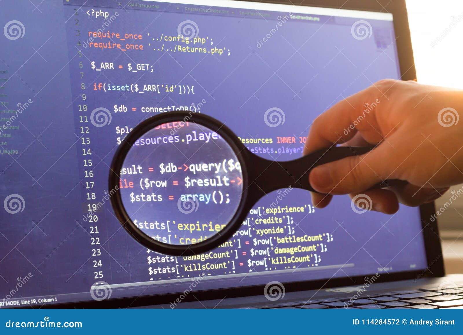 PHP Backend Code Zoomed through a Magnifier. Computer Programming