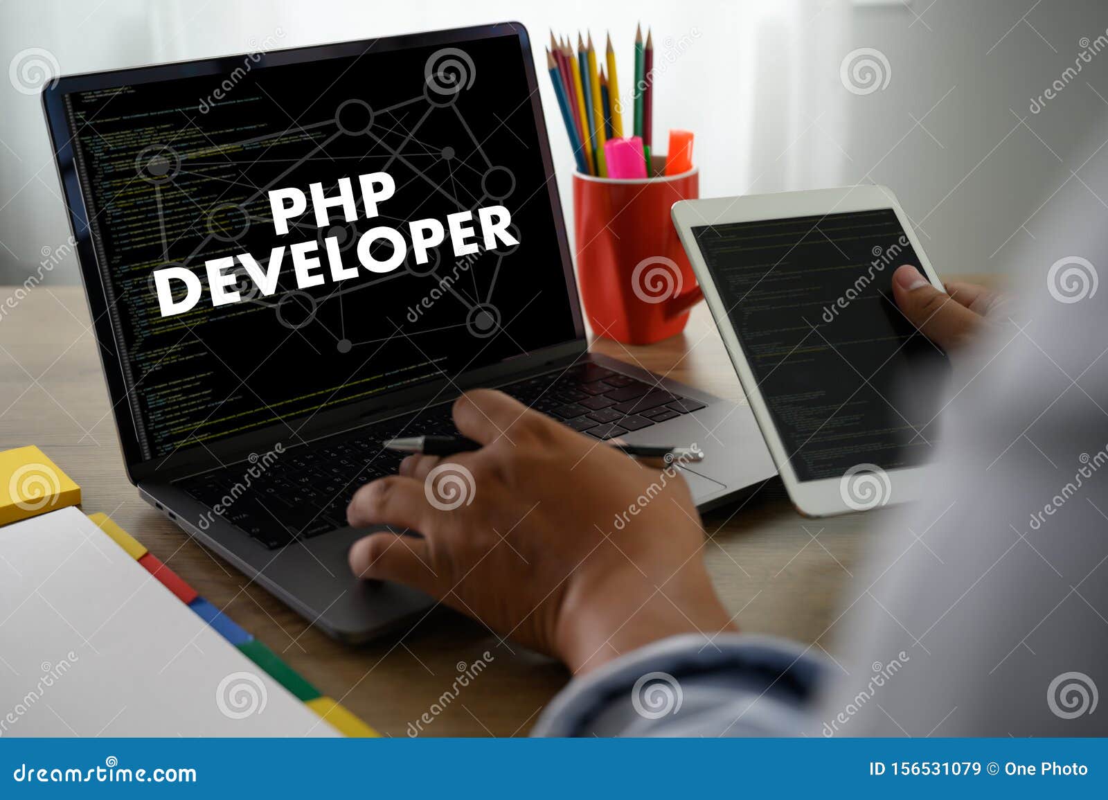 PHP DEVELOPER Man Touch Bar Search and Two Businessman Working at