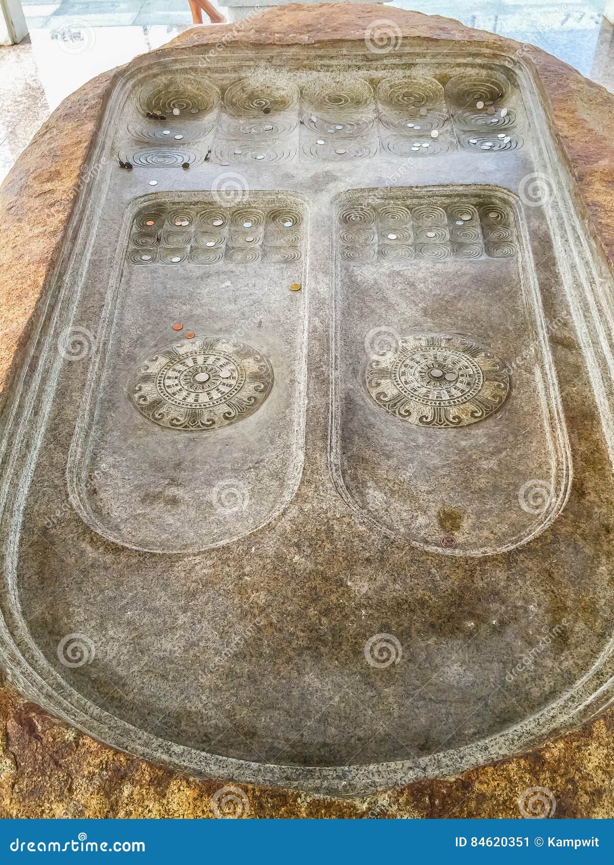 Closed-up to footprint of the Buddha at Phra Tanak Hill, Khao Phra Bat Temple in Pattaya, Thailand