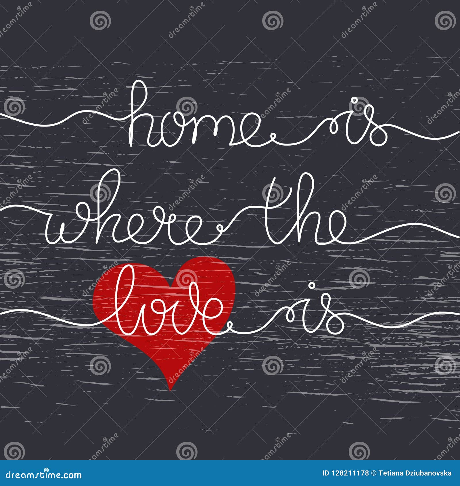 Phrase Home Is Where The Love Is. Hand Drawn Lettering On Black. Stock
