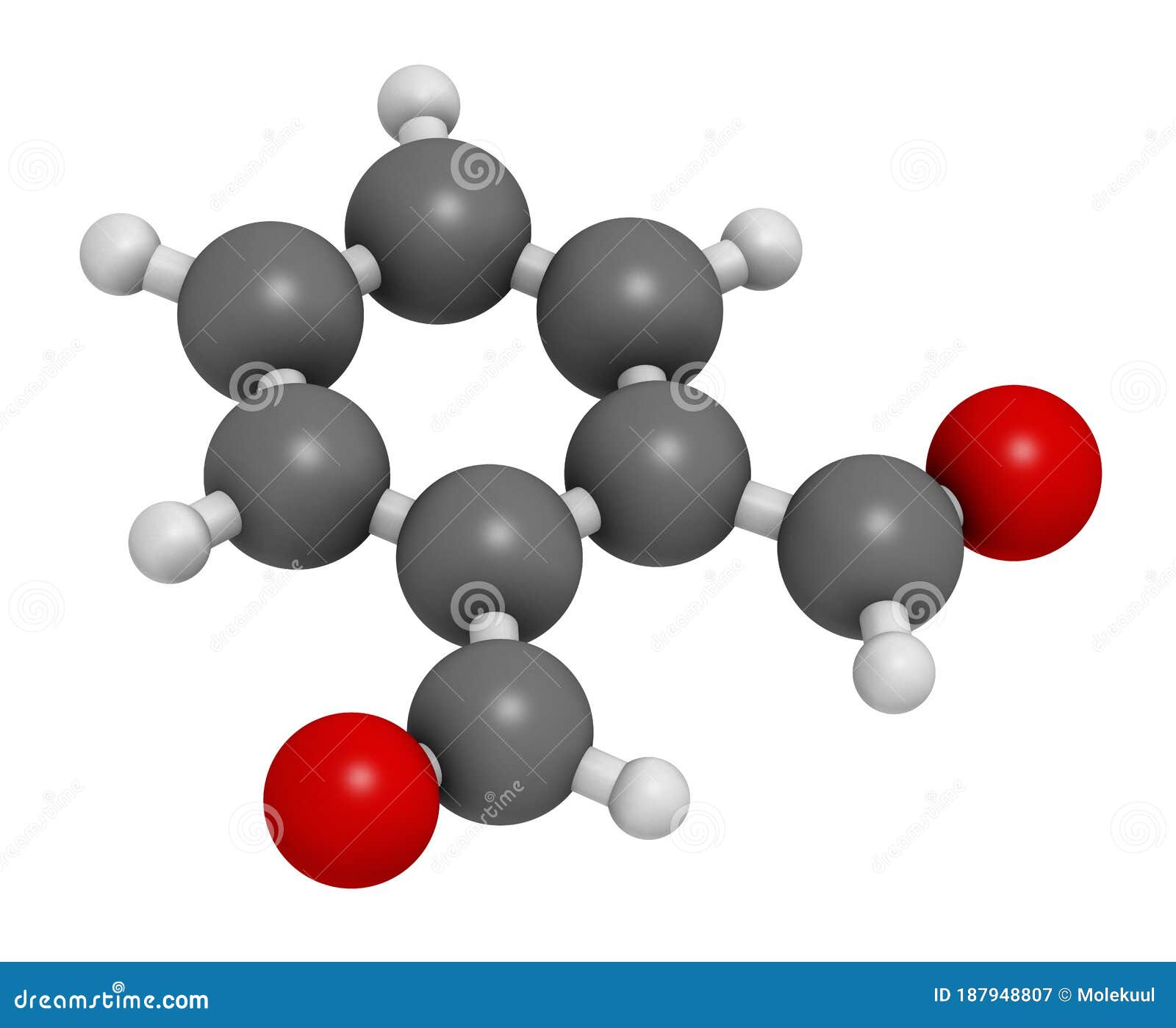 phthalaldehyde ortho-phthalaldehyde, opa disinfectant molecule. 3d rendering. atoms are represented as spheres with.