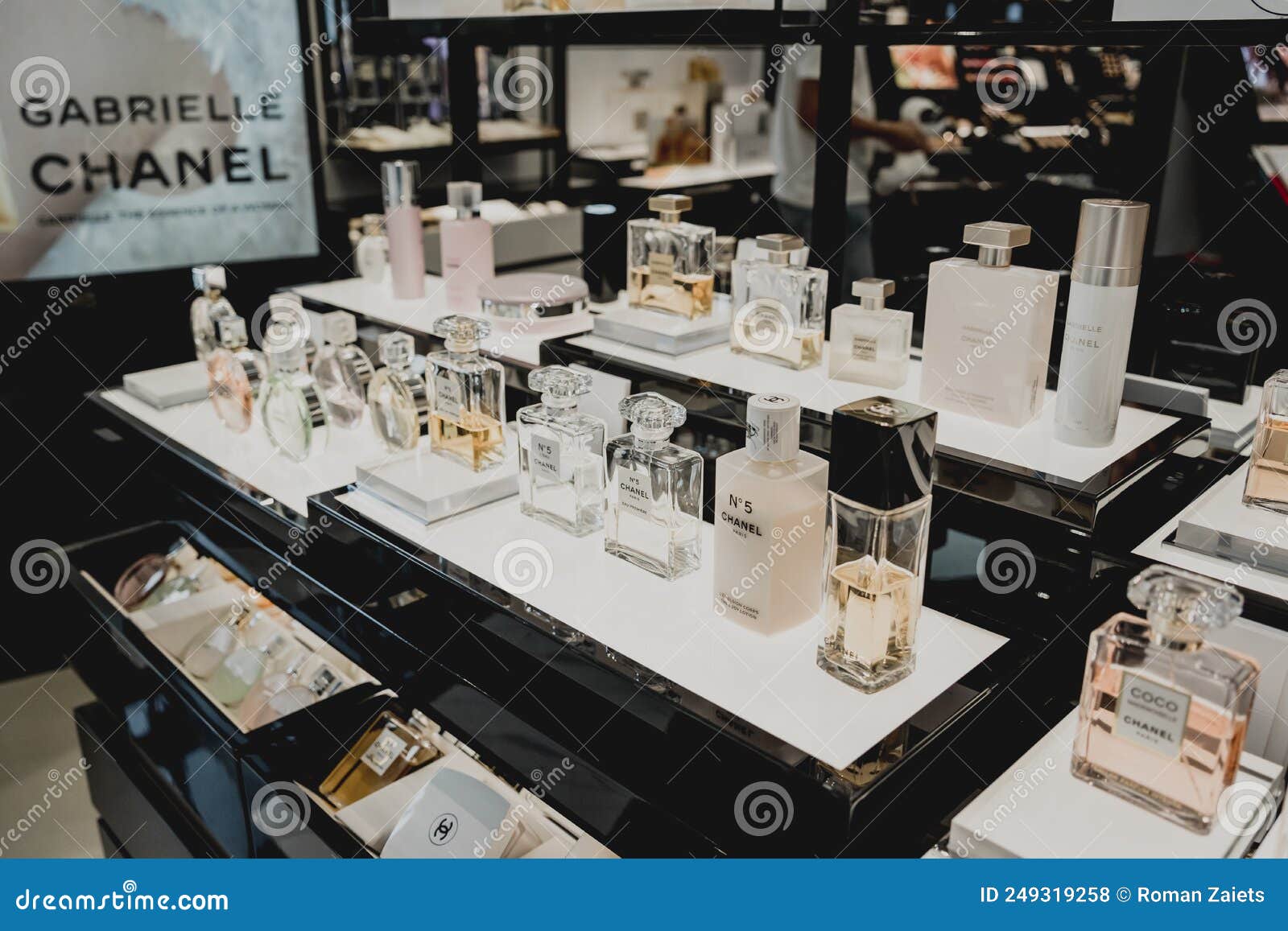 PHUKET, THAILAND - MAY 29, 2022: a Rows of Chanel Brand Perfumes in a Case  on the Supermarket Showcase Editorial Stock Photo - Image of french, store:  249319258
