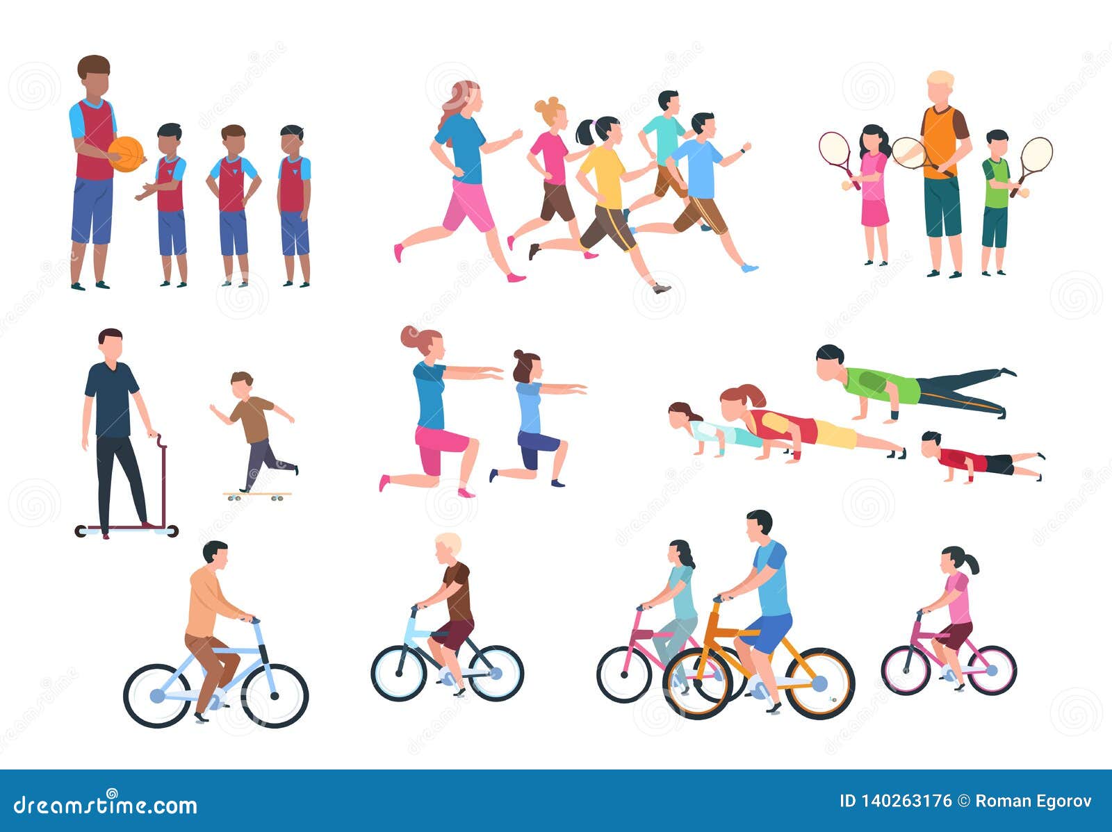 physical activity. people flat fitness set with parents and children in sport activities.   