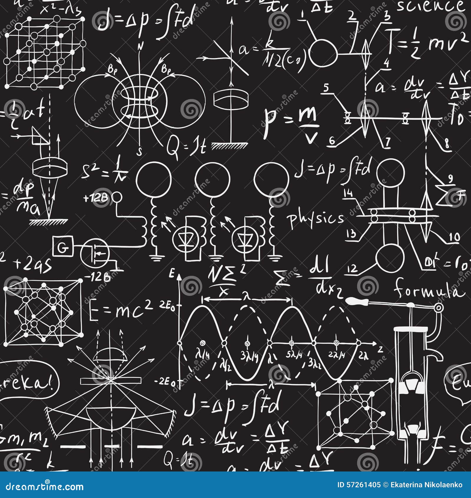 physical formulas graphics scientific calculations chalkboard vintage hand drawn illustration laboratory seamless pattern 57261405