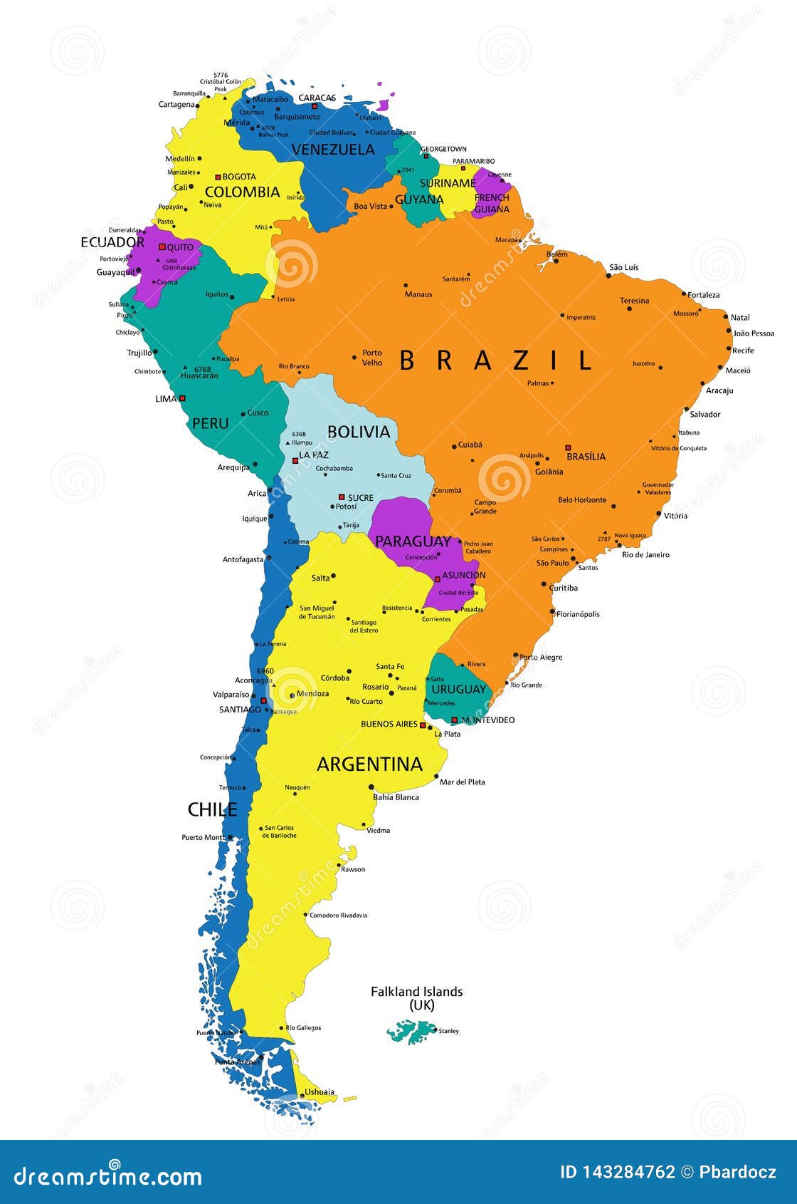 Colorful South America Political Map With Clearly Labeled Separated