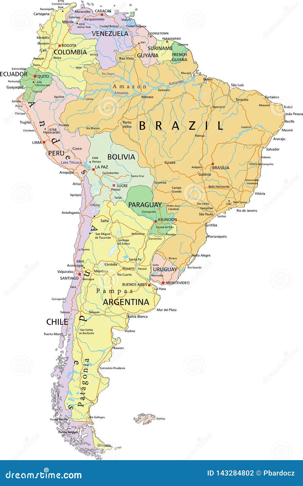 South America Highly Detailed Editable Political Map Stock