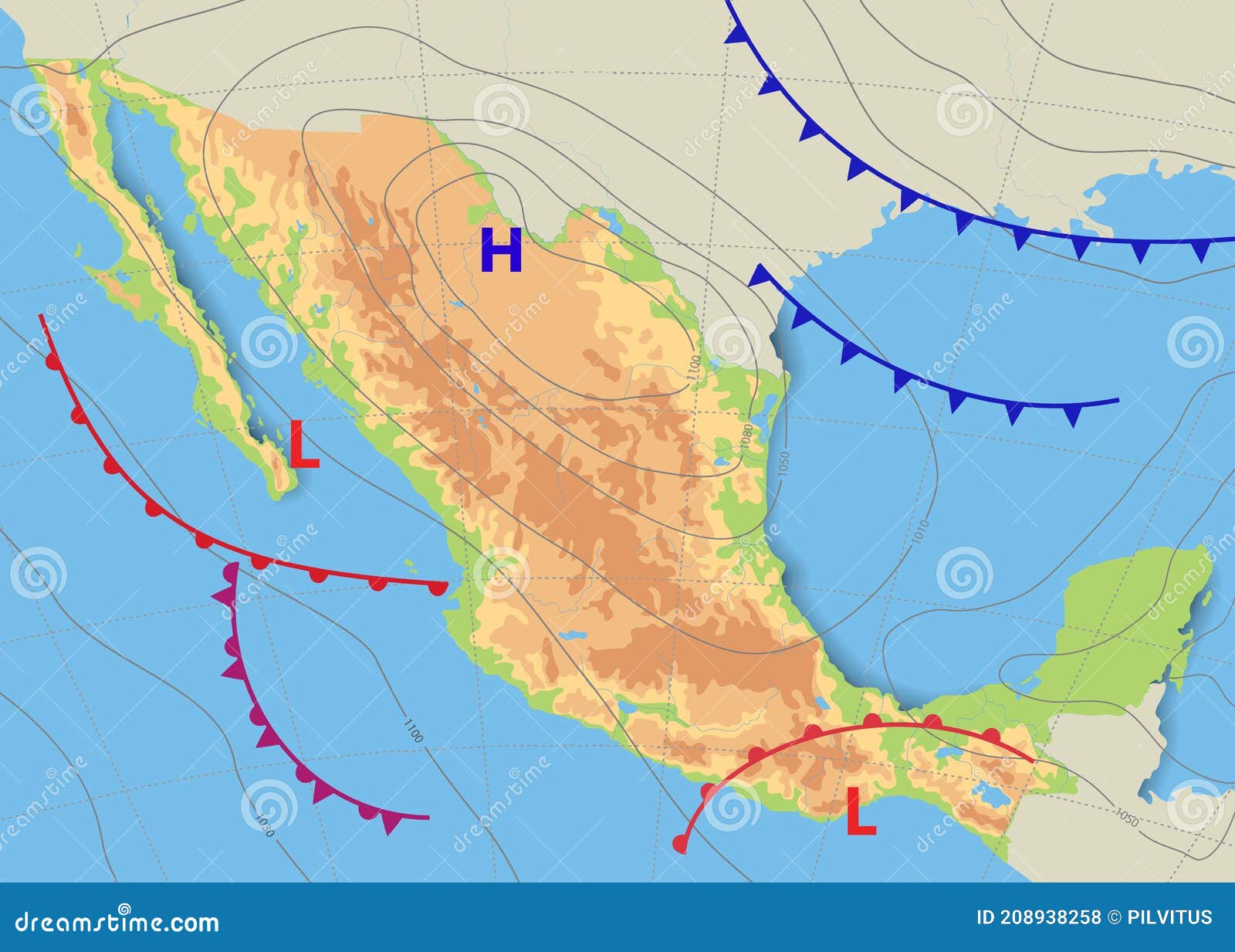 Physical and Topography Map of Mexico. Realistic Weather Map of the