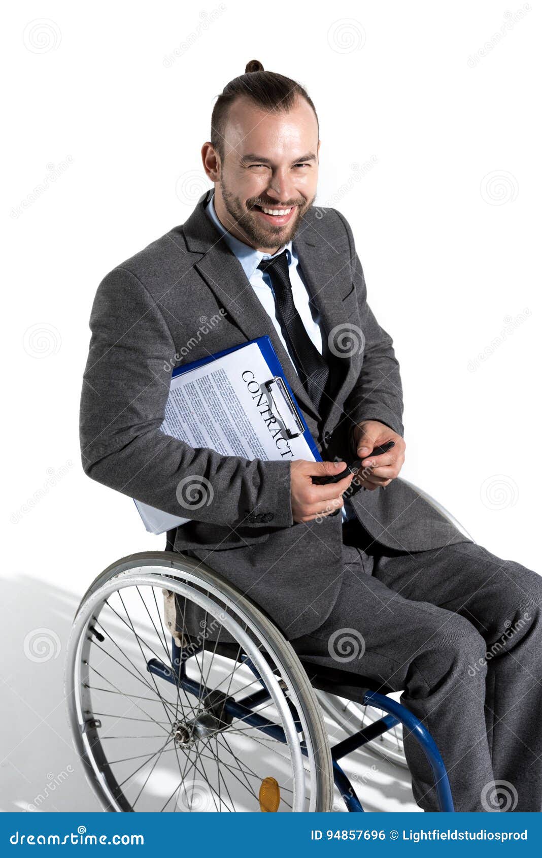 Physically Handicapped Businessman in Wheelchair Holding Clipboard with ...