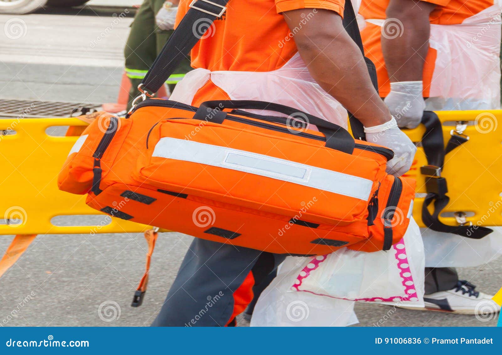 physician readiness box bag first aid kit and yellow stretcher medical equipment