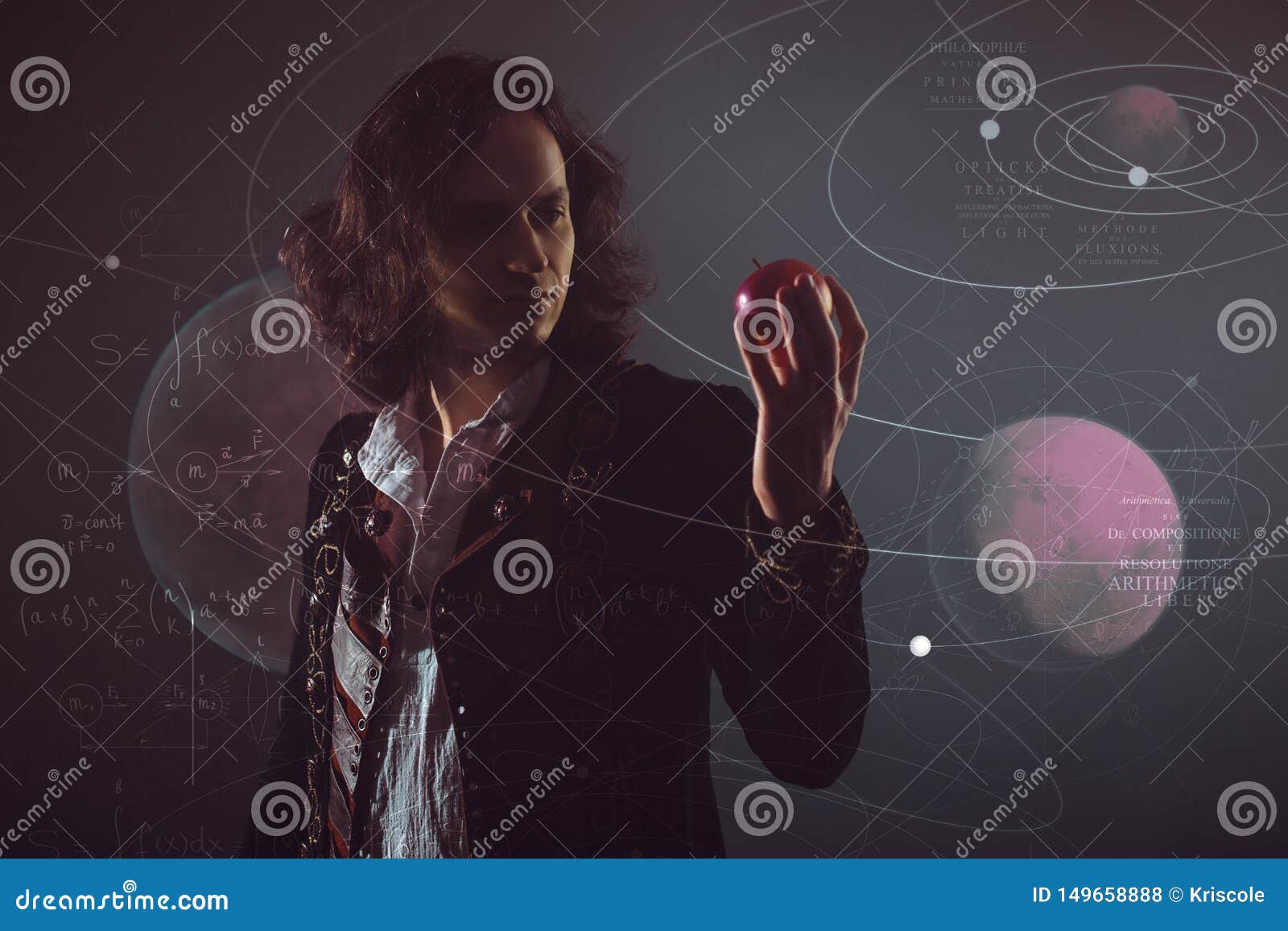 physics the science of nature, the concept of studying the laws of nature. a young man in the image of isaac newton.