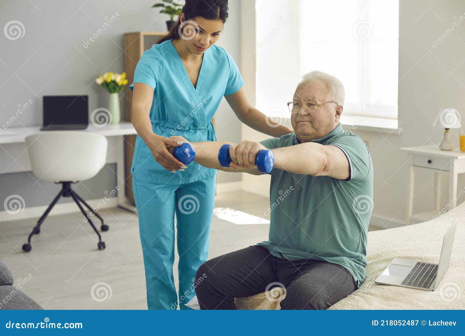 physiotherapist or home care nurse helping senior patient do rehabilitation exercise