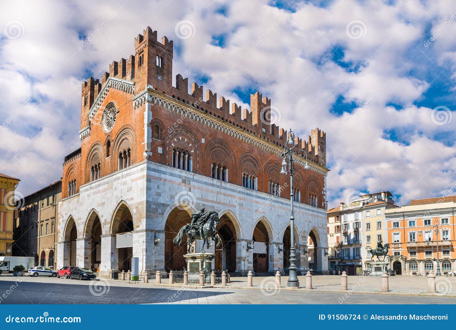 piacenza, italy. piazza cavalli, square horses, and palazzo gotico, gothic palace, in the city center
