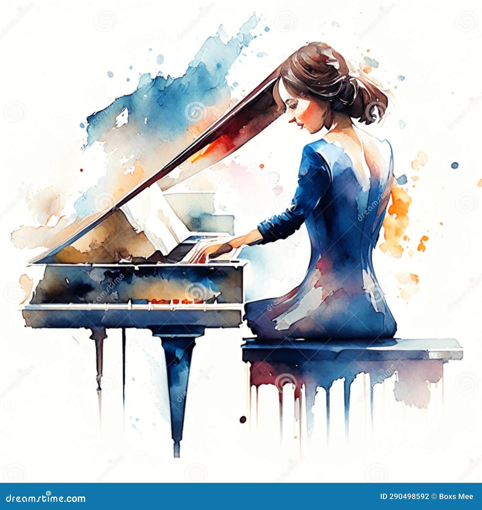 Pianist Playing a Grand Piano, Digital Watercolor Illustration Painting ...