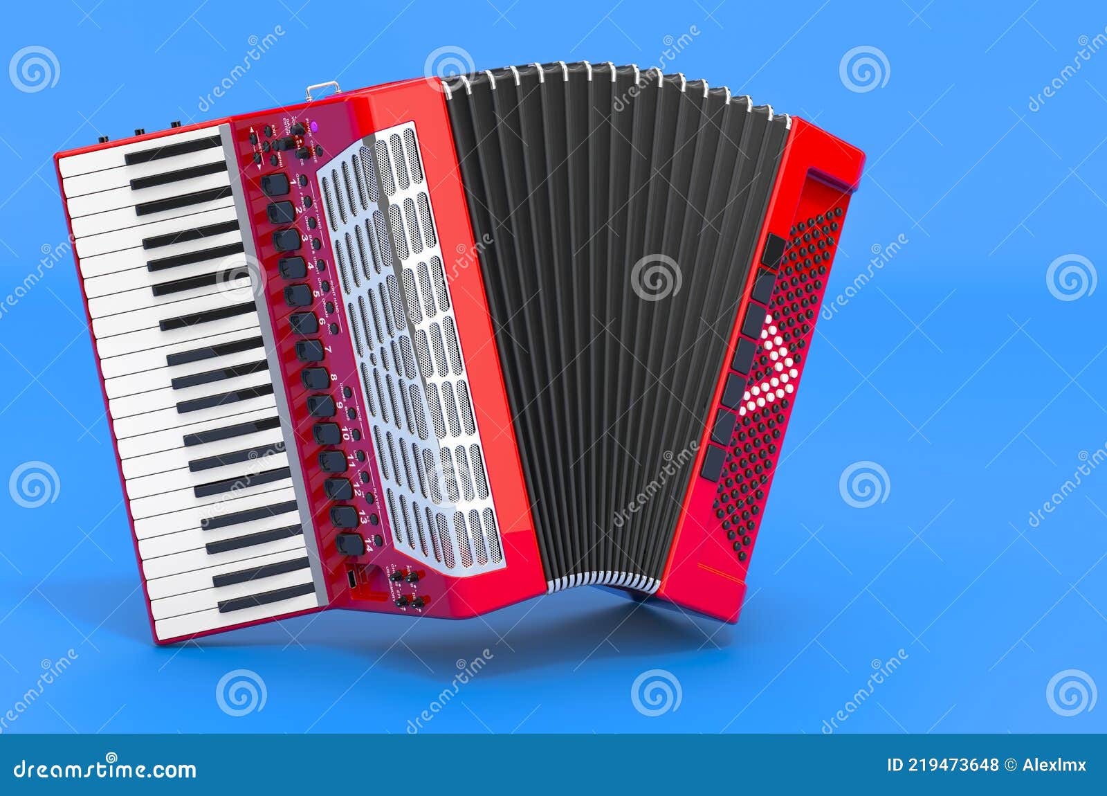 Piano Accordion on Blue Backdrop, 3D Rendering Stock Illustration