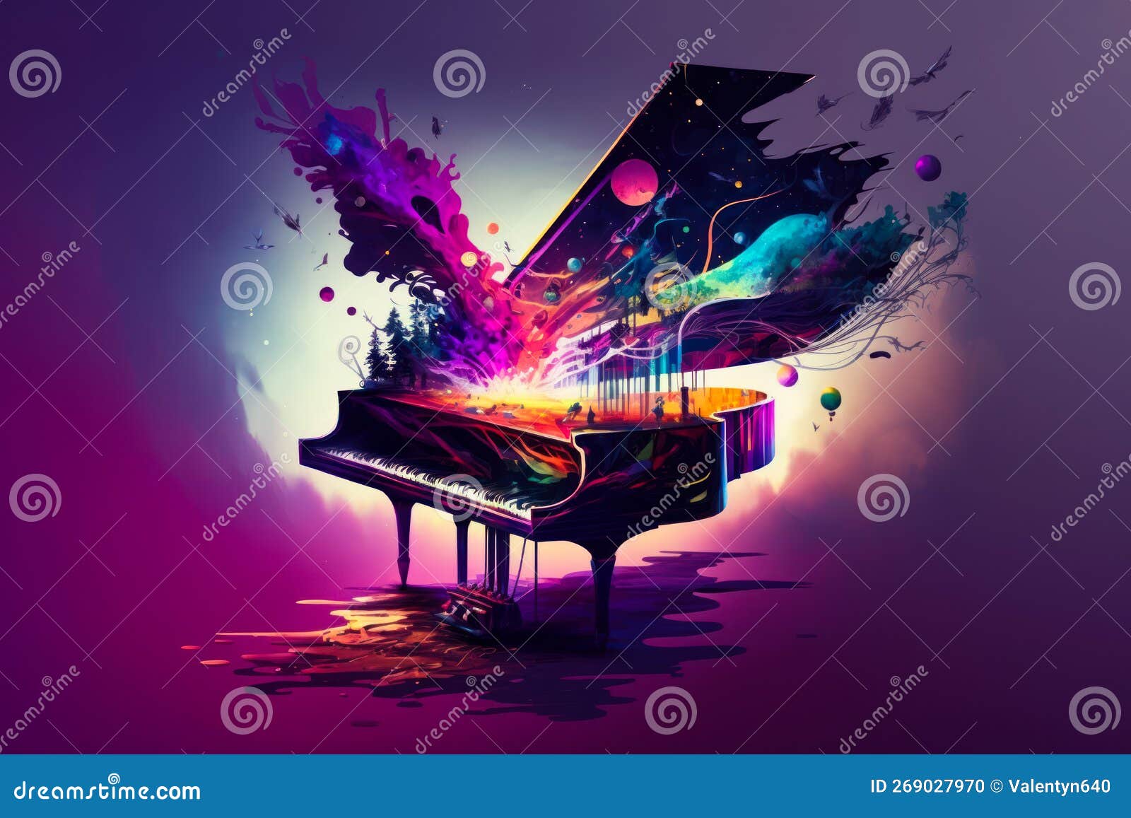 Piano with Colorful Paint Splattered on it. Generative AI Stock Photo