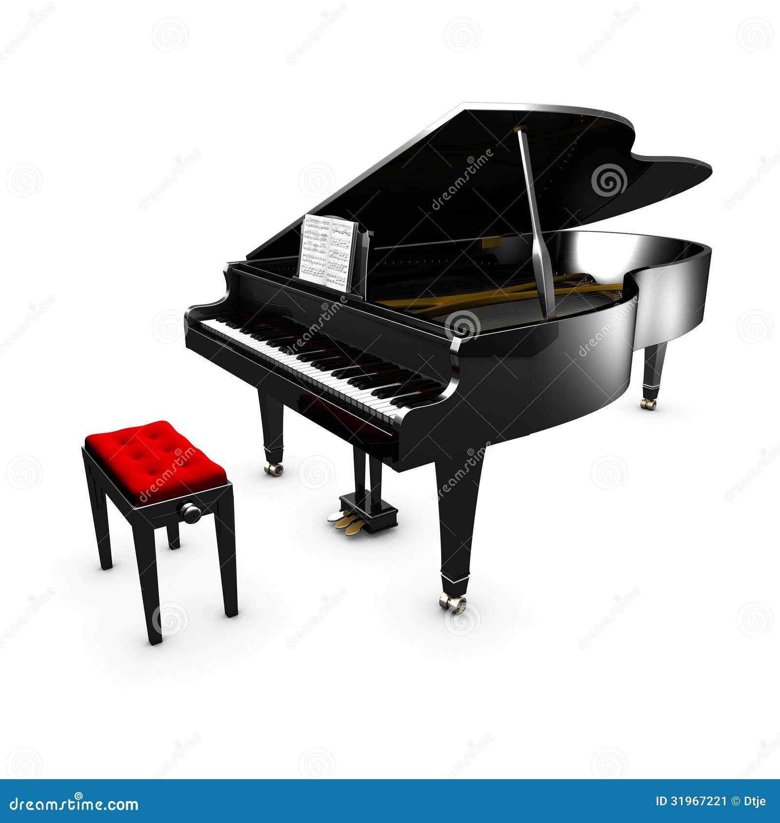 Piano de cauda aberto 3D e sua cadeira. Fundo branco