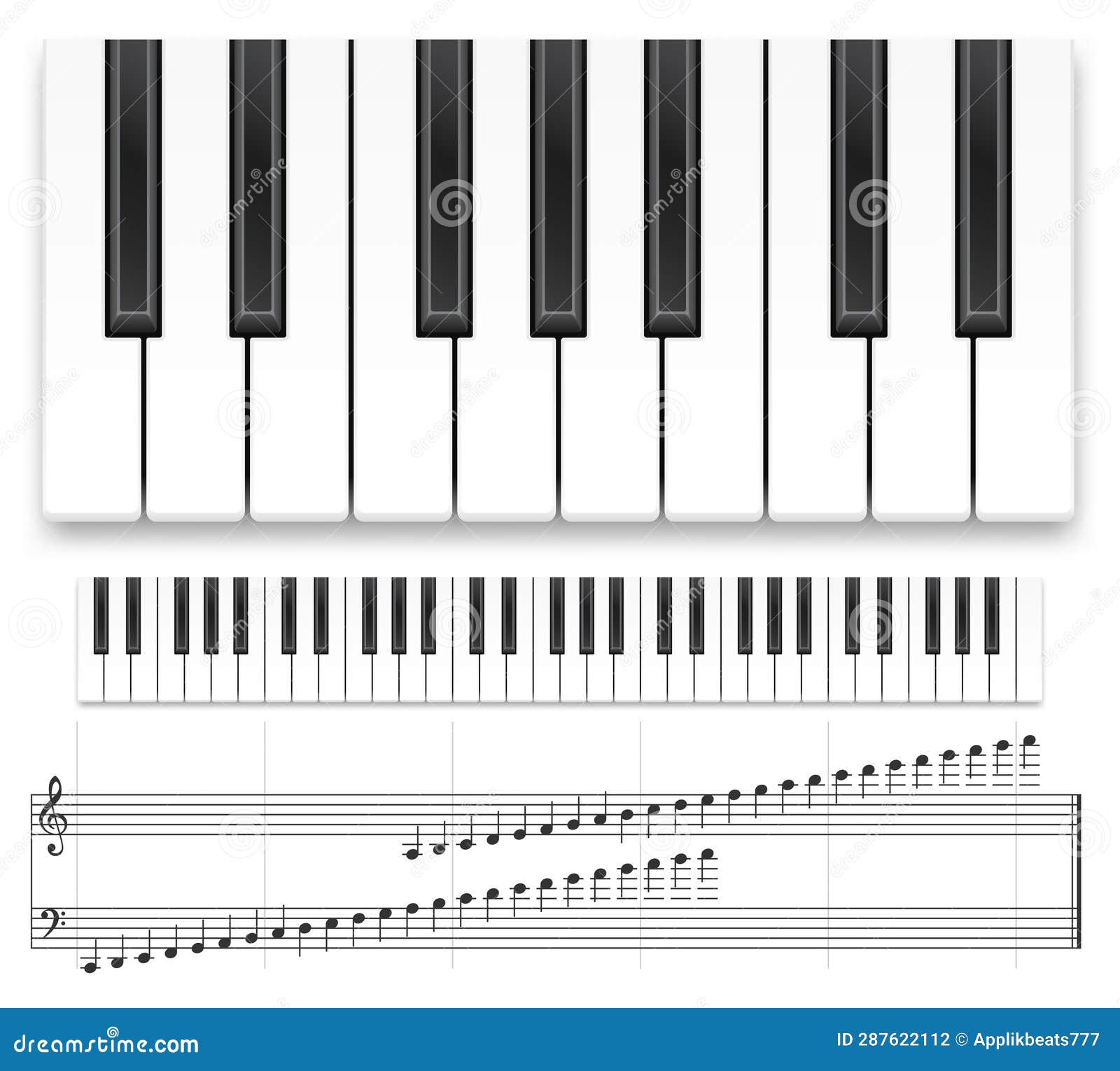 Piano Keyboard. Realistic Music Instrument Top View Grand Piano
