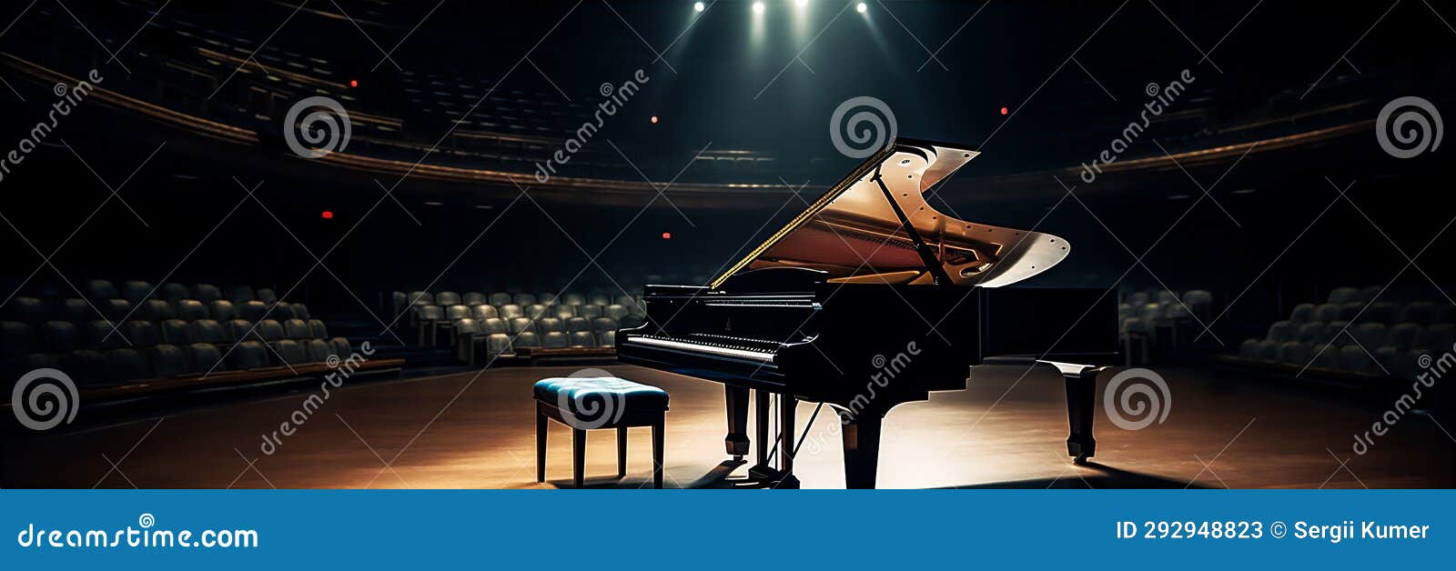A Piano Set Up on the Stage of a Concert Hall with Rows of Seats Stock
