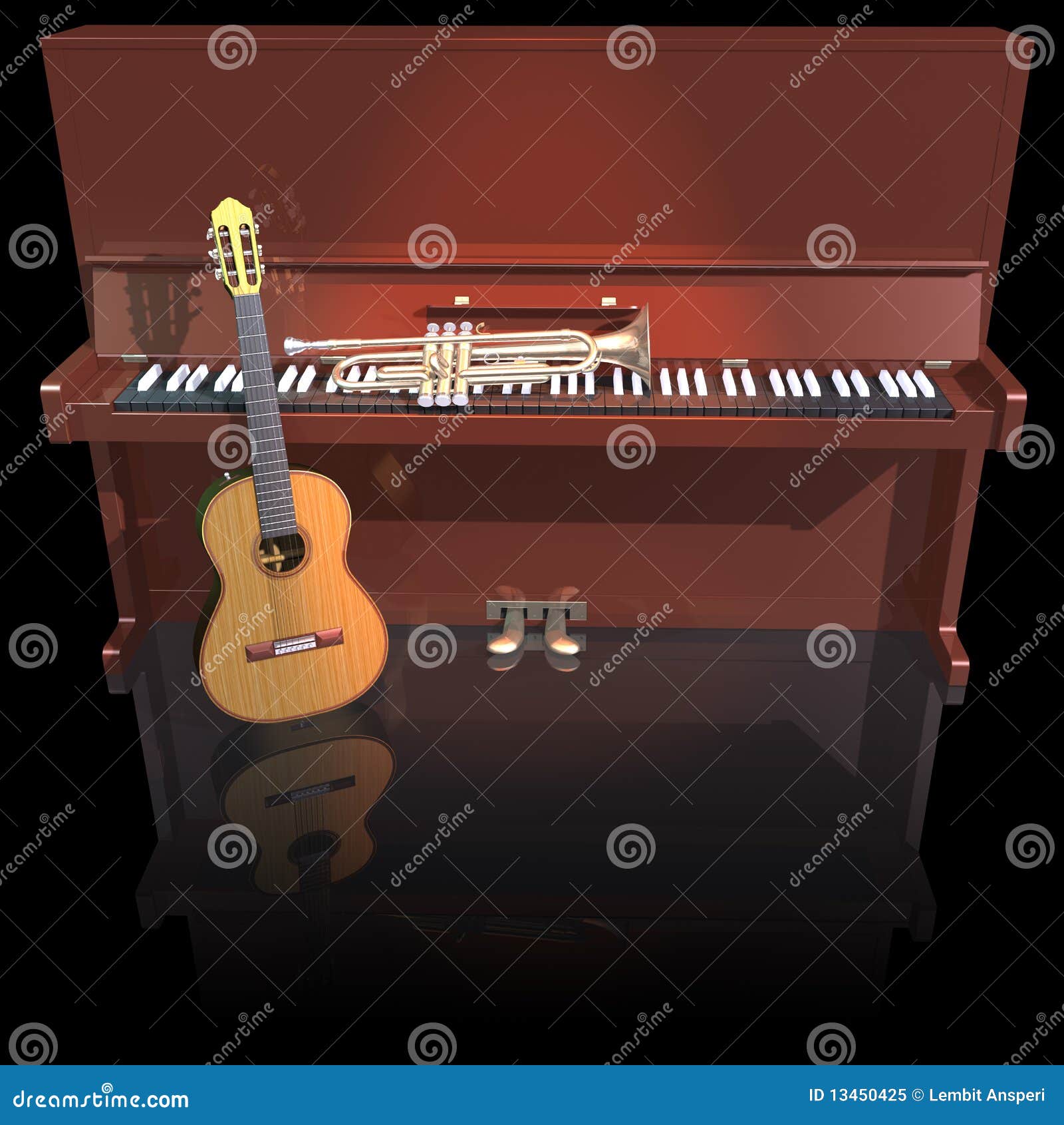 Piano trumpet and guitar stock illustration. Illustration of classic