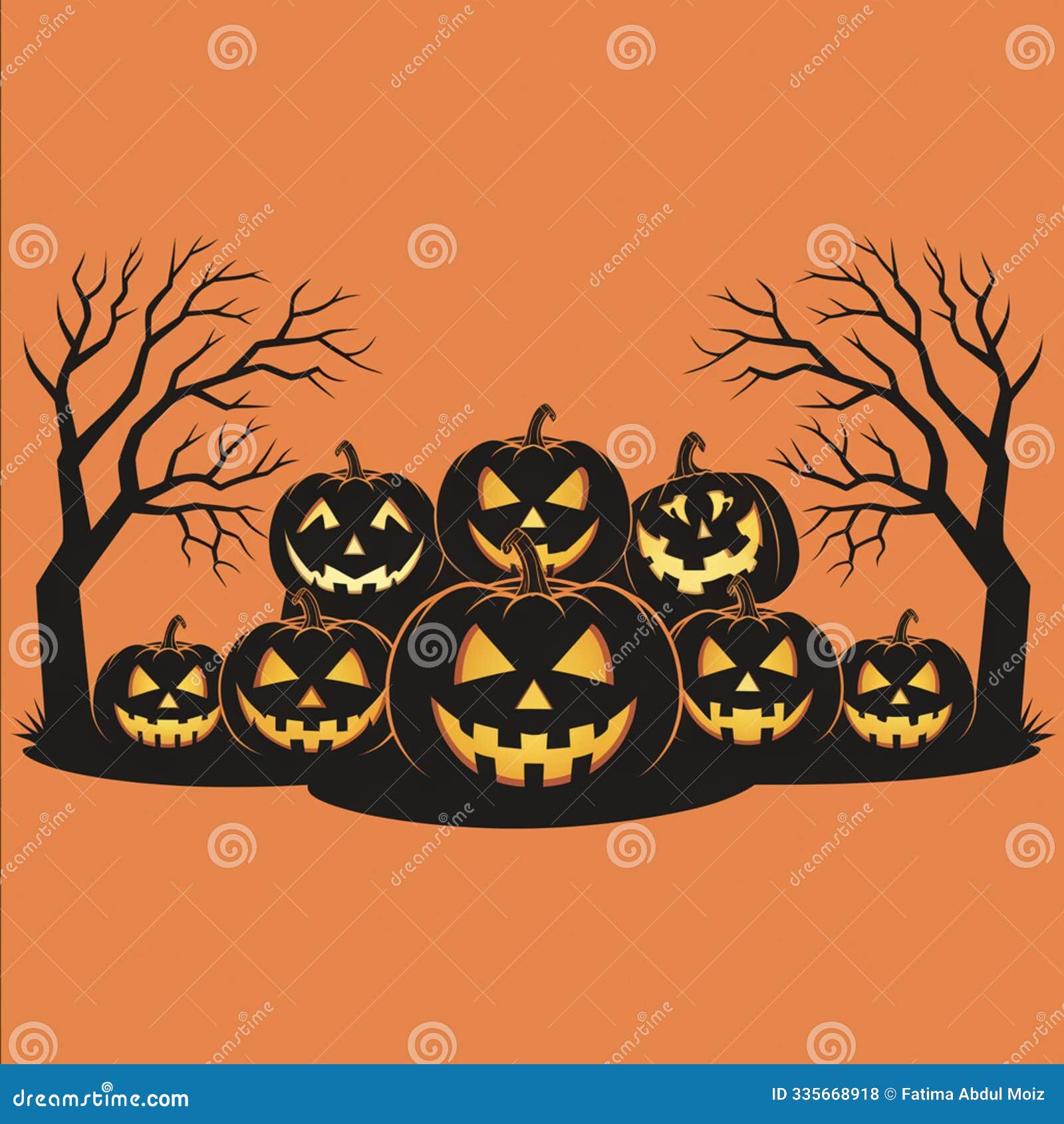 carved pumpkins with barren trees frame spooky halloween scene
