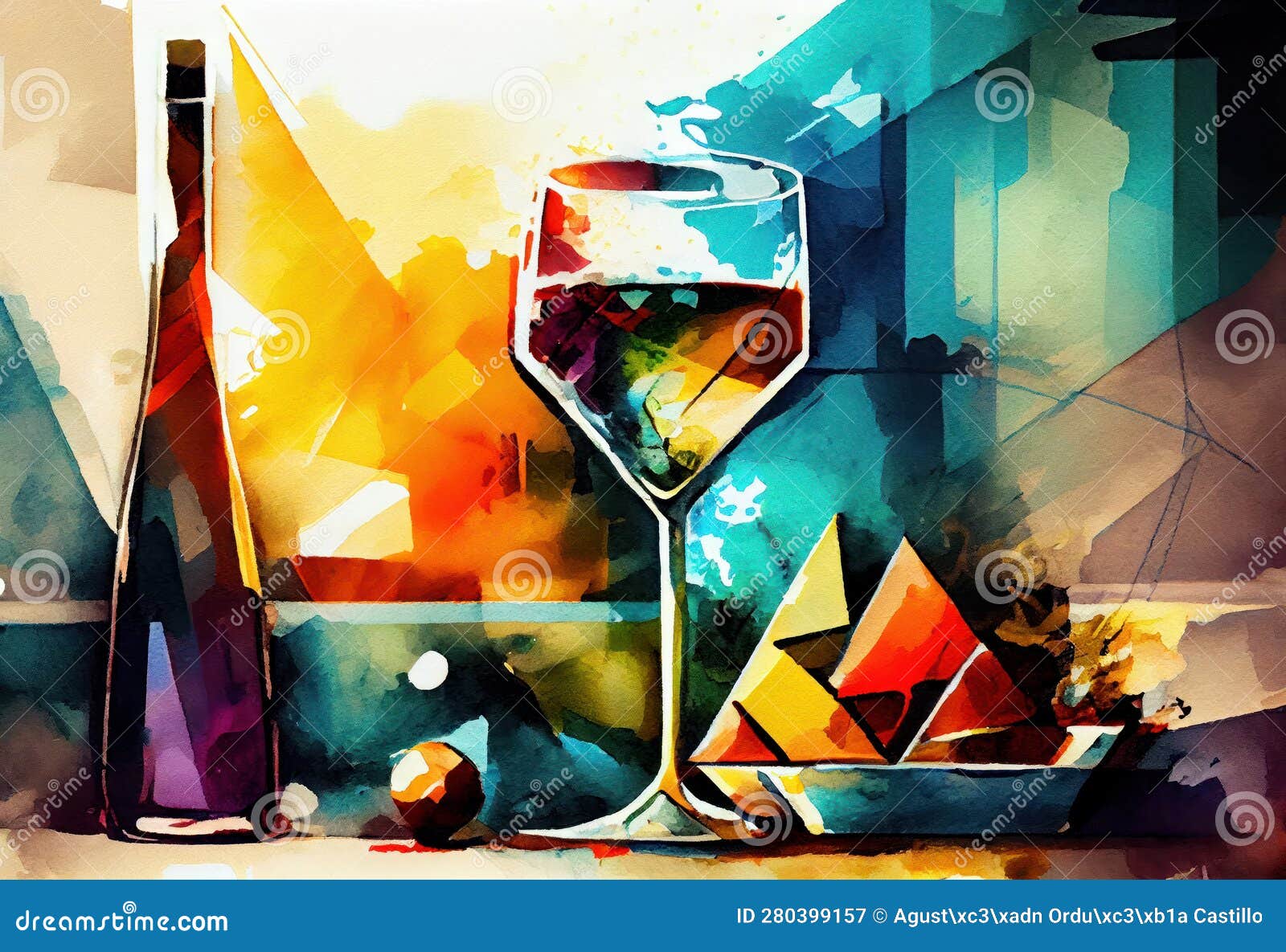 Picassostyle Painting of a Wine Table. Generative AI. Stock