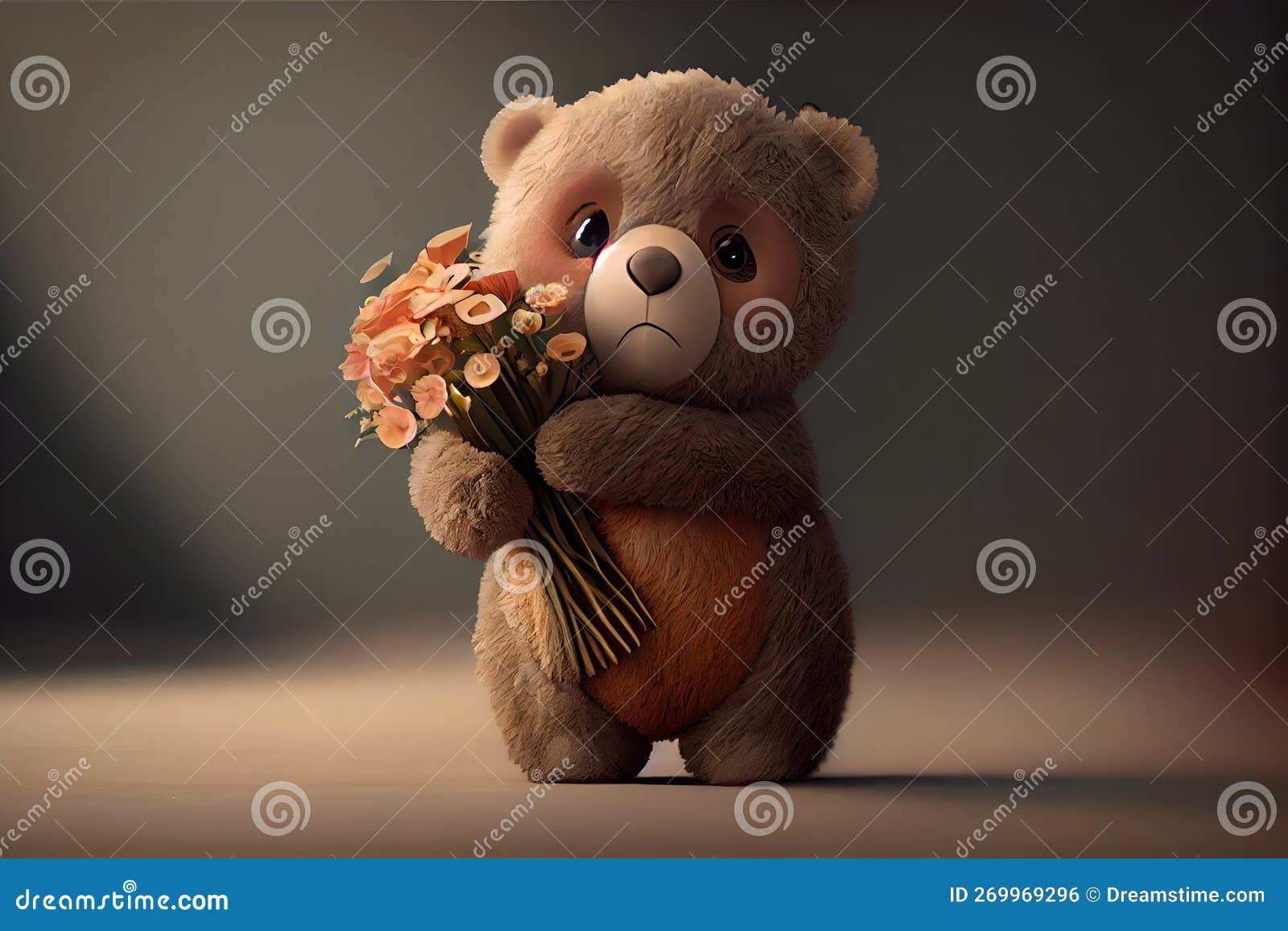 Piccolo Orsetto Di Peluche Teneva in Mano Un Bouquet. Immagine 3d