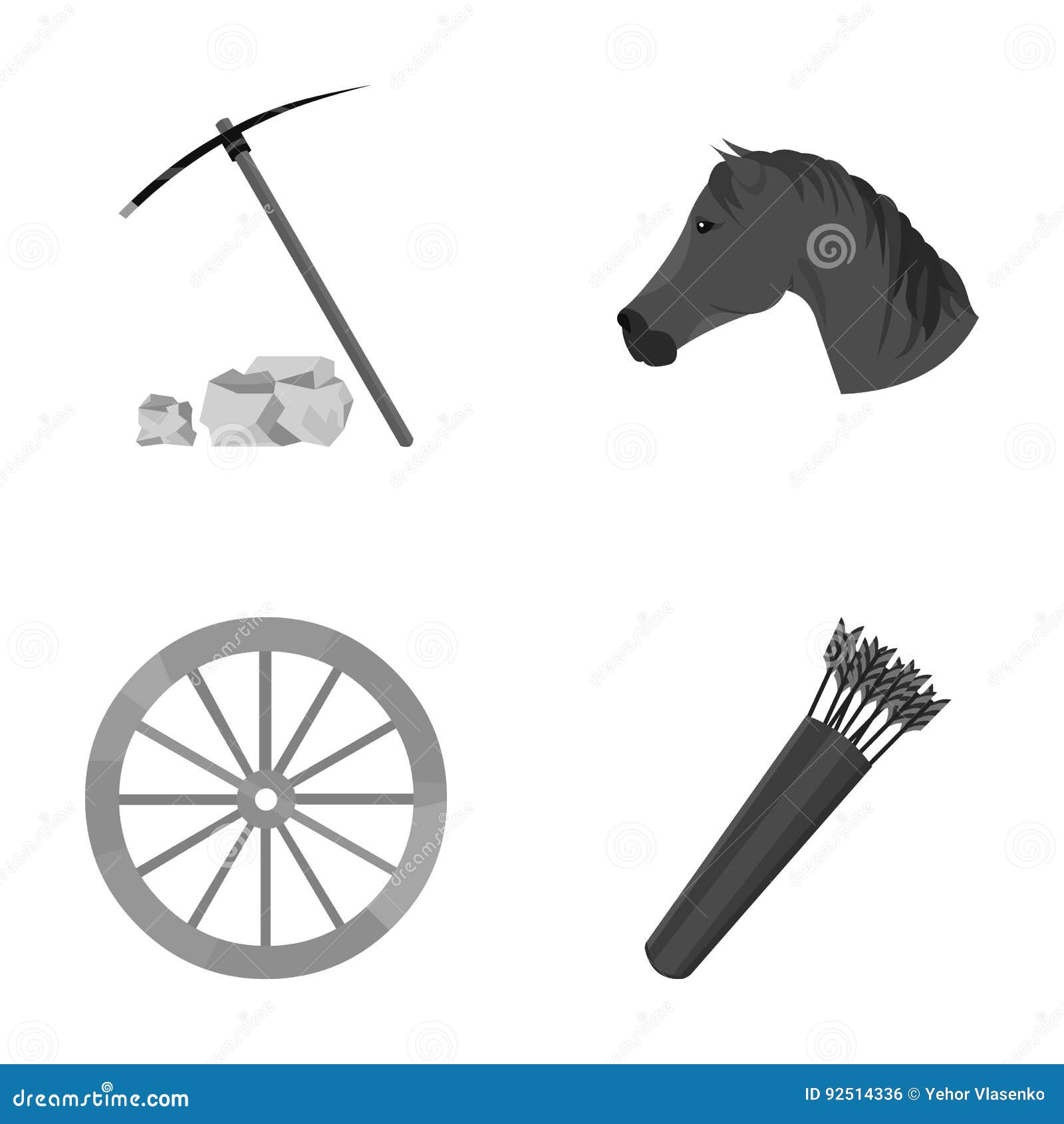 pickax hoe, horse head, wheel cart, quiver with arrows.wild west set collection icons in monochrome style  