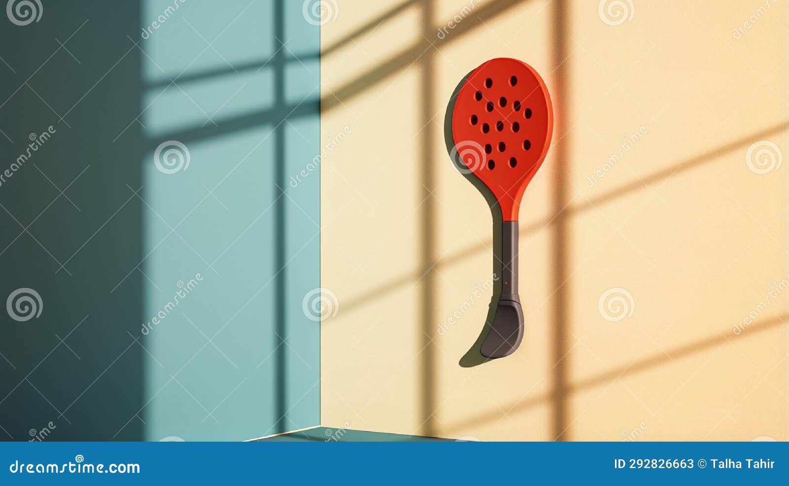 Pickleball Ball with Paddle Leaning Against Wall with Shadows Stock