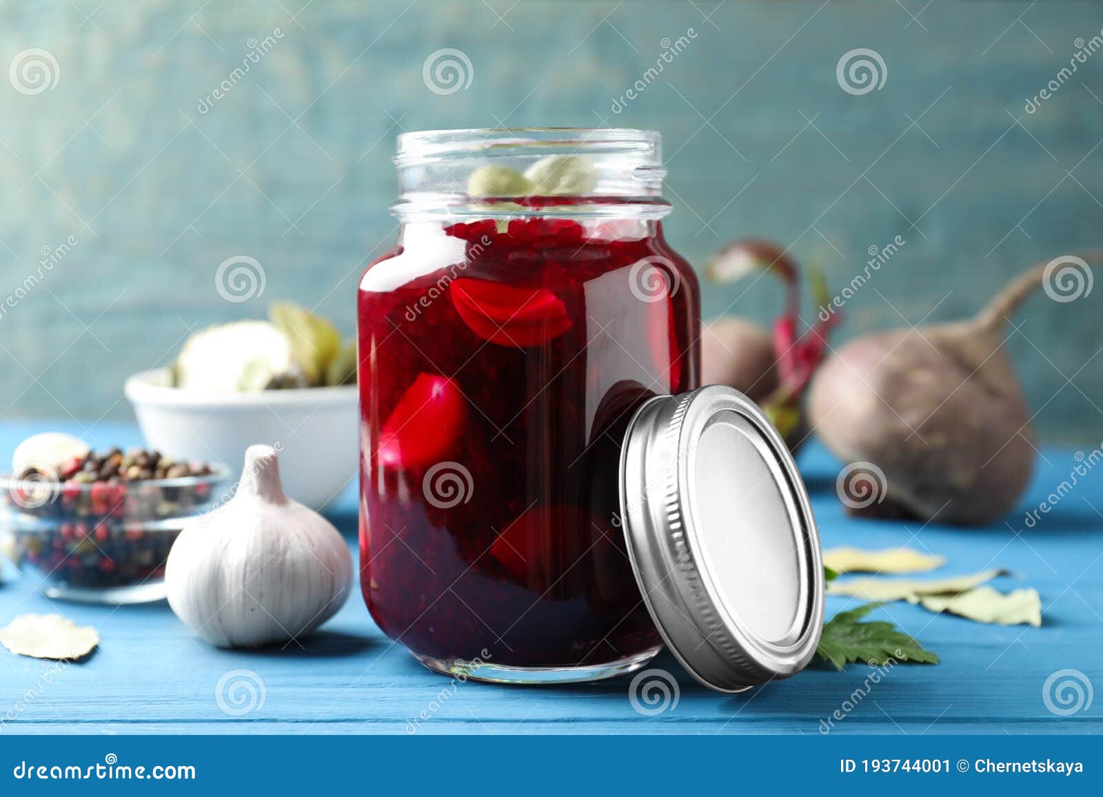 Pickled Beets in Glass Jar on Blue Wooden Table Stock Image Image of object, culinary 193744001