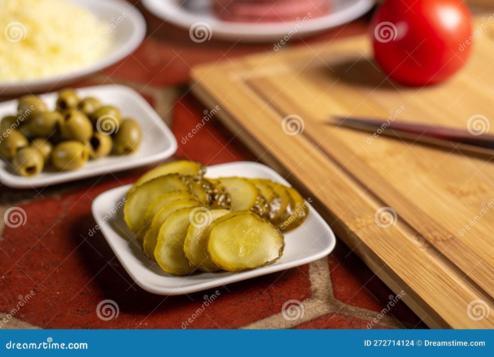 Pickled Cucumbers and Olives. Ingredients for Pizza Stock Photo Image
