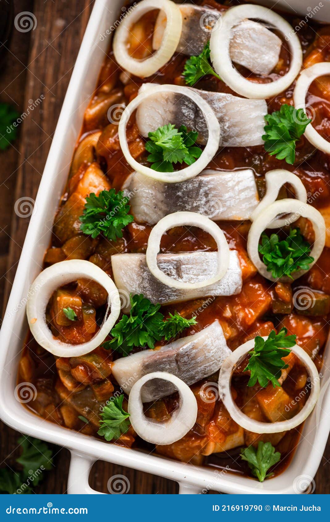 Pickled and Marinated Kashubian Herring. Polish Traditional Dish Stock
