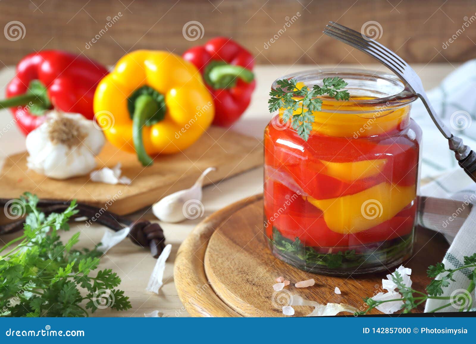 Pickled Salad Bell Pepper in Jar and Ingredients Stock Photo Image of
