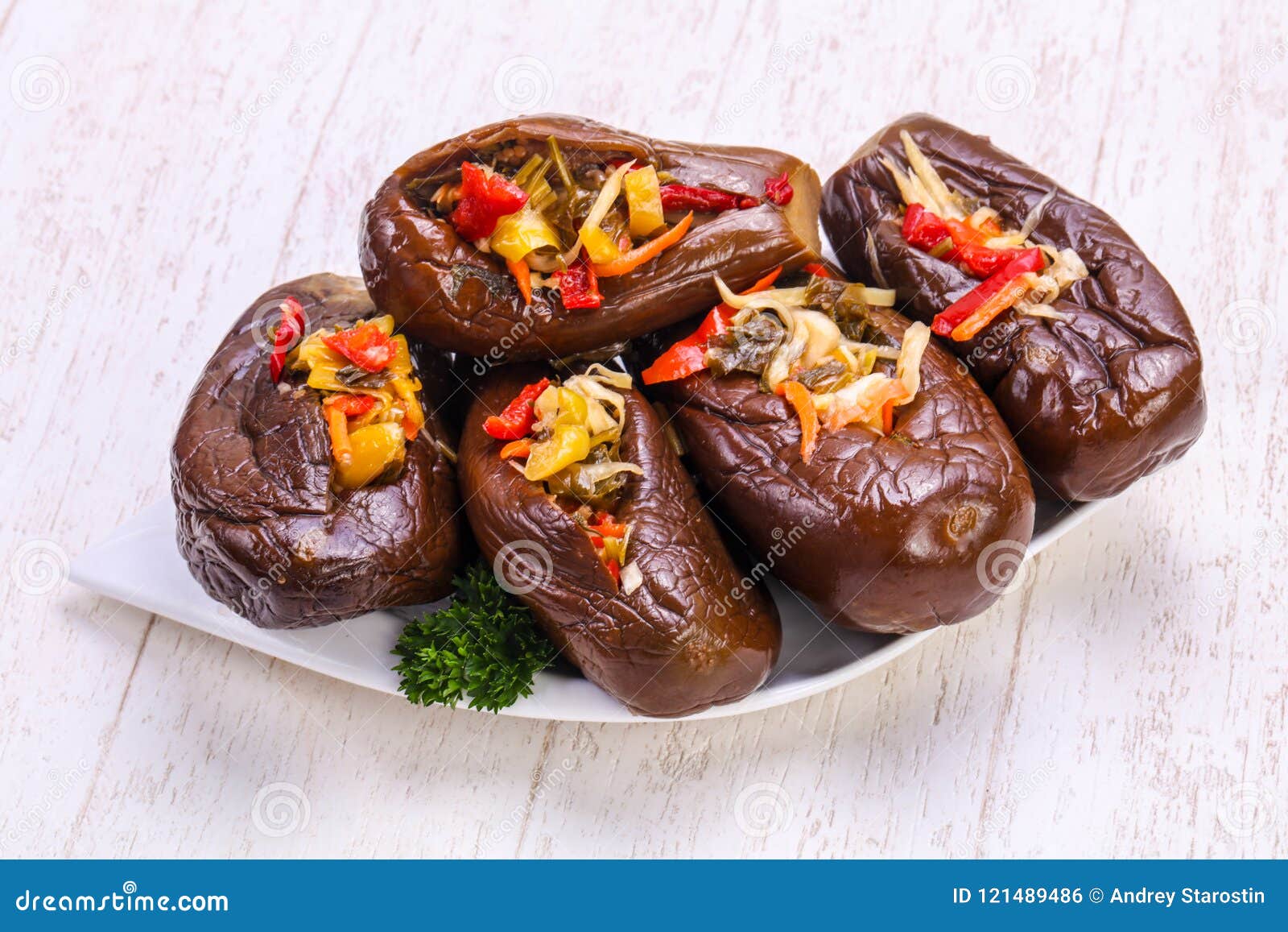 Pickled stuffed eggplant stock photo. Image of garlic 121489486