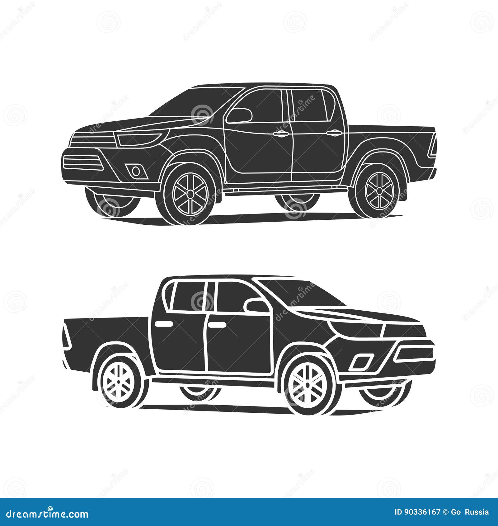 pickup truck silhouette set outline and black icon  