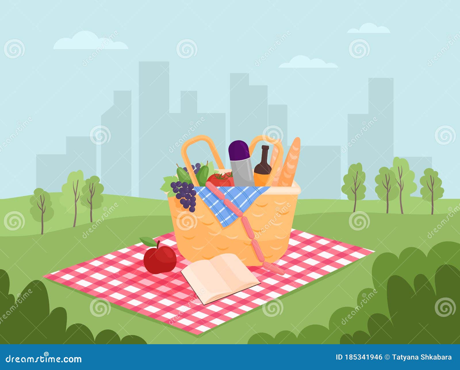Picnic Basket on the Background of the City. Stock Vector - Illustration of bread, grass: 185341946 Picnic Basket on the Background of the City. Stock Vector - Illustration of bread, grass: 185341946