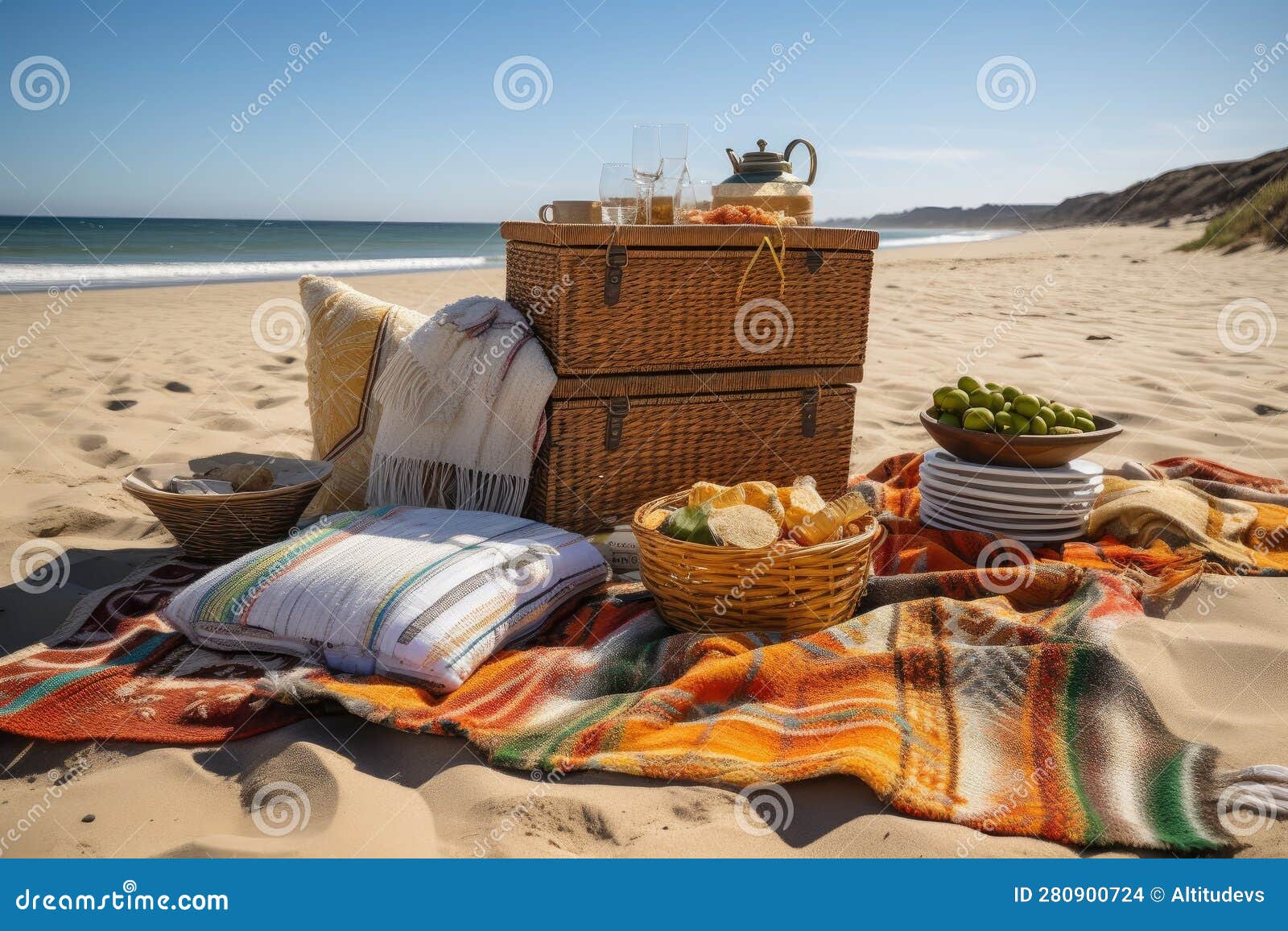 Picnic Basket and Blanket Spread Out on a Sunny Beach Stock Photo ...