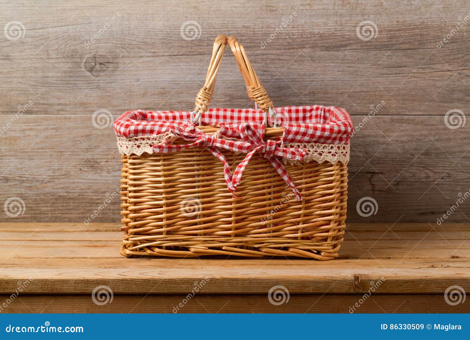 Picnic Basket with Checked Cloth on Table Stock Image Image of basket