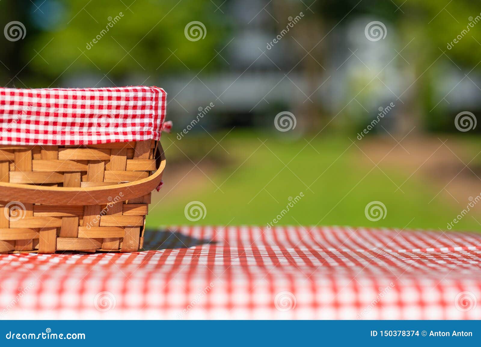 Picnic Basket Checkered with Picnic Tablecloth Stock Photo Image of