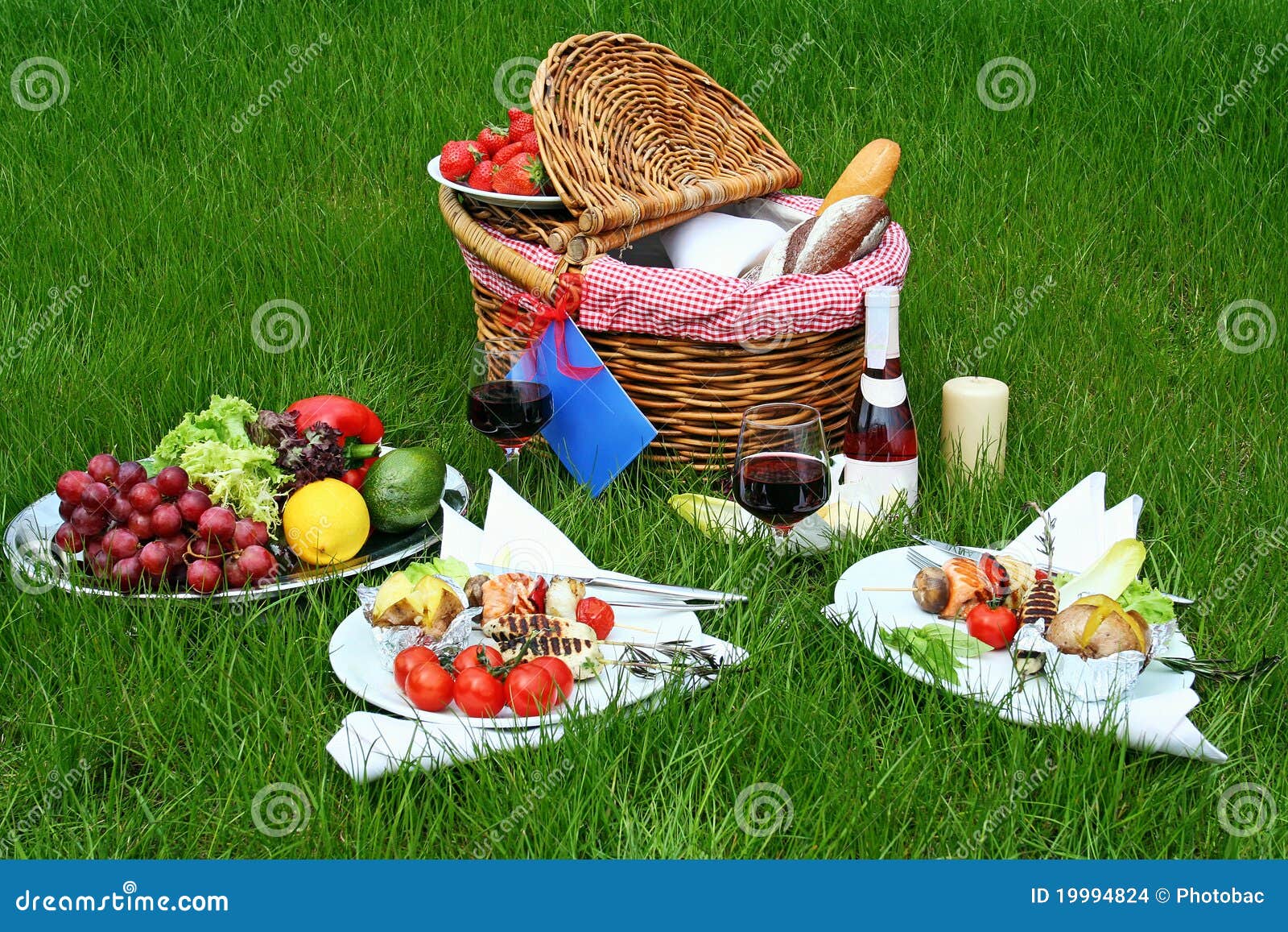 Picnic Basket and Different Food on Plates Stock Photo Image of
