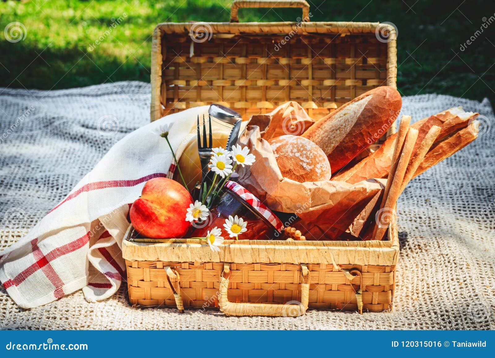 Picnic Basket Filled Fruit , Bread and Jar with Apricot Jam Stock Photo Image of healthy, apple: 120315016