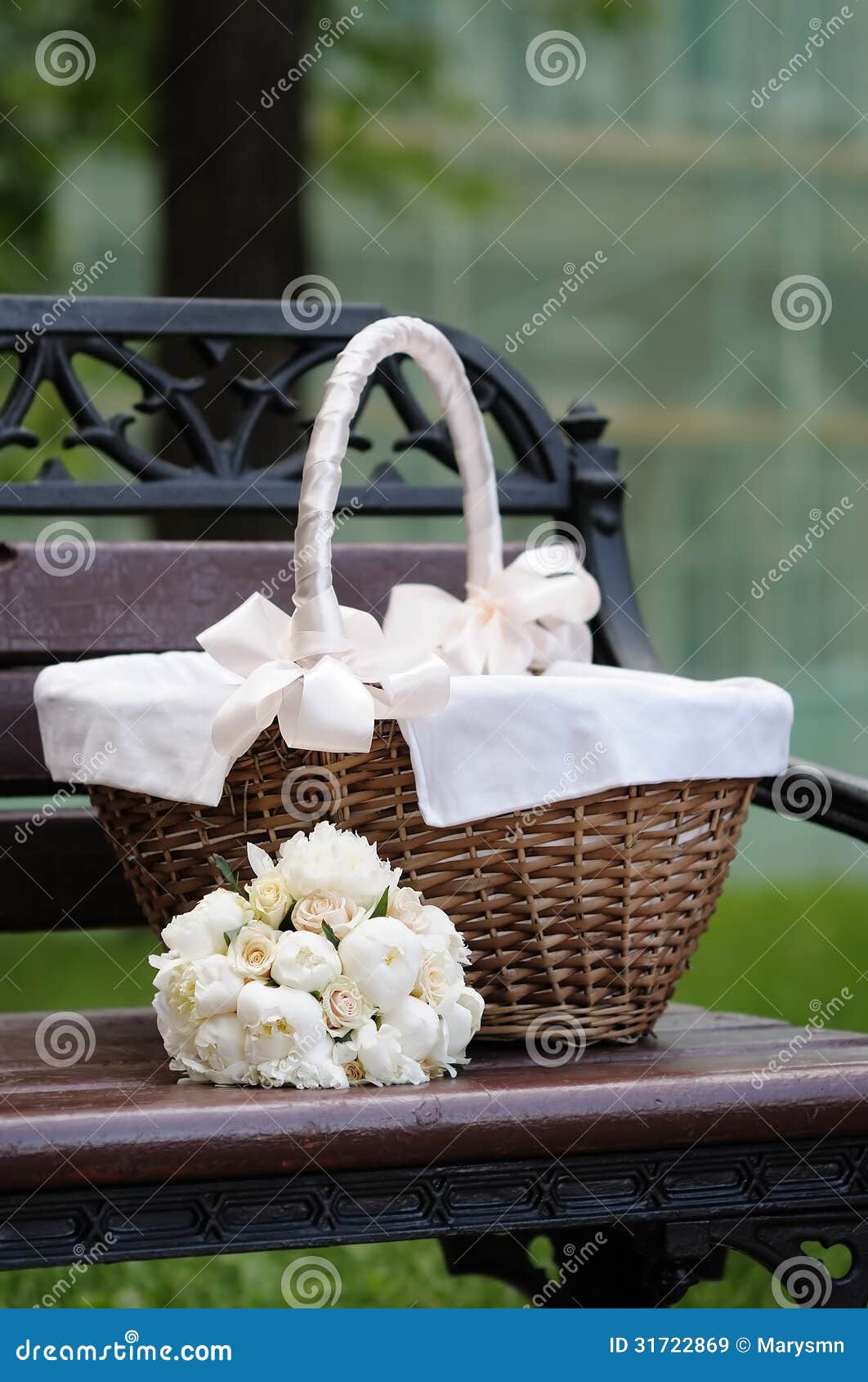 Picnic Basket and Flowers Bouquet Stock Image Image of field