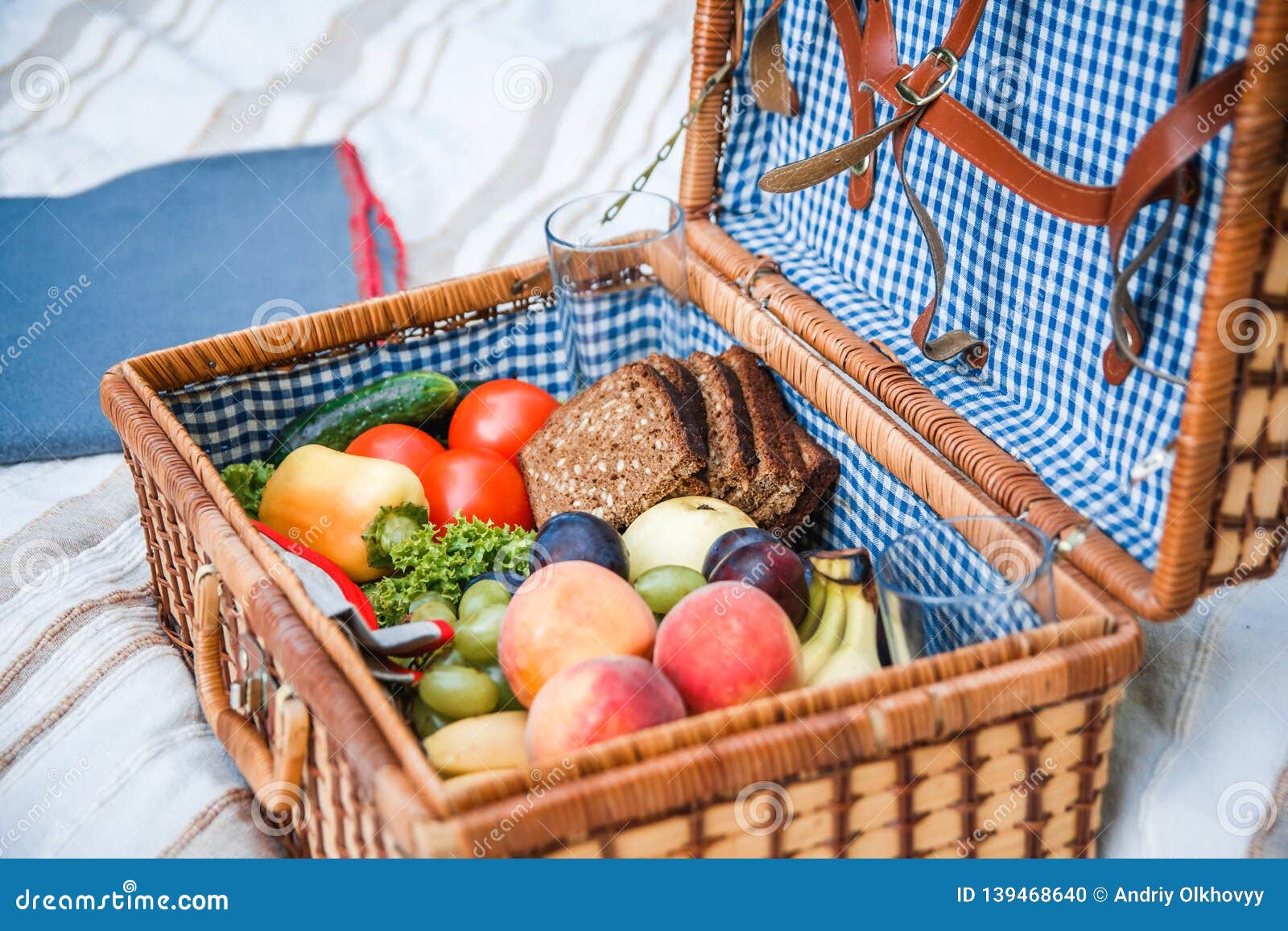 Picnic Basket with Fruit and Bread Close Up Stock Photo Image of