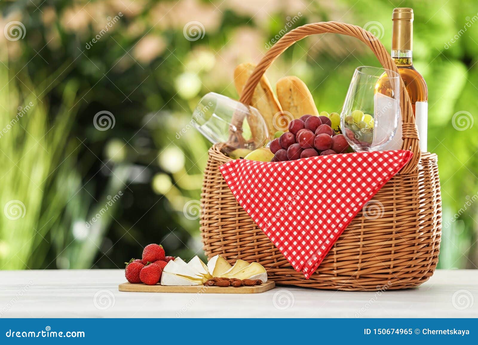 Picnic Basket with Products and Wine on Table Stock Image Image of
