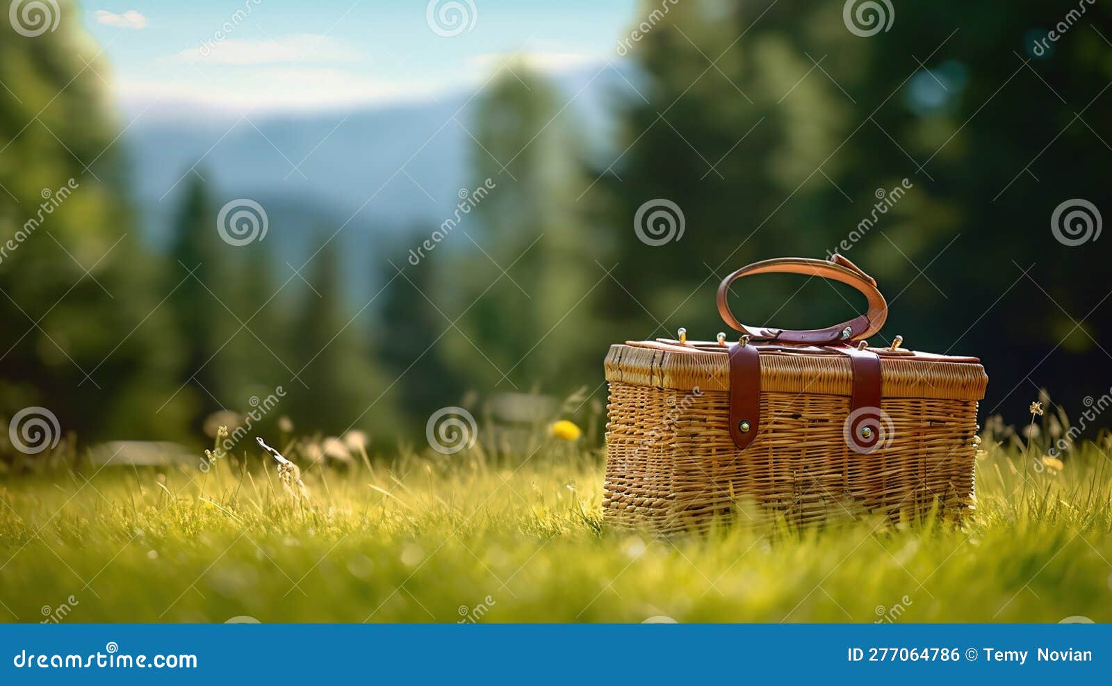 Picnic Basket On A Table Against The Background Of Nature Rest And