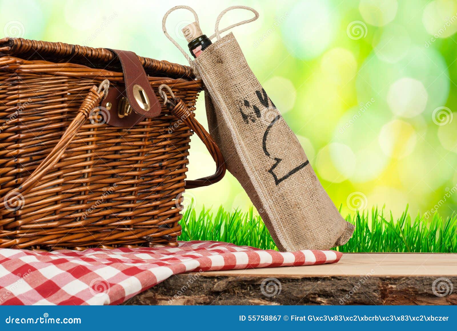 Picnic Basket on the Table and Bottle of Wine Stock Image Image of