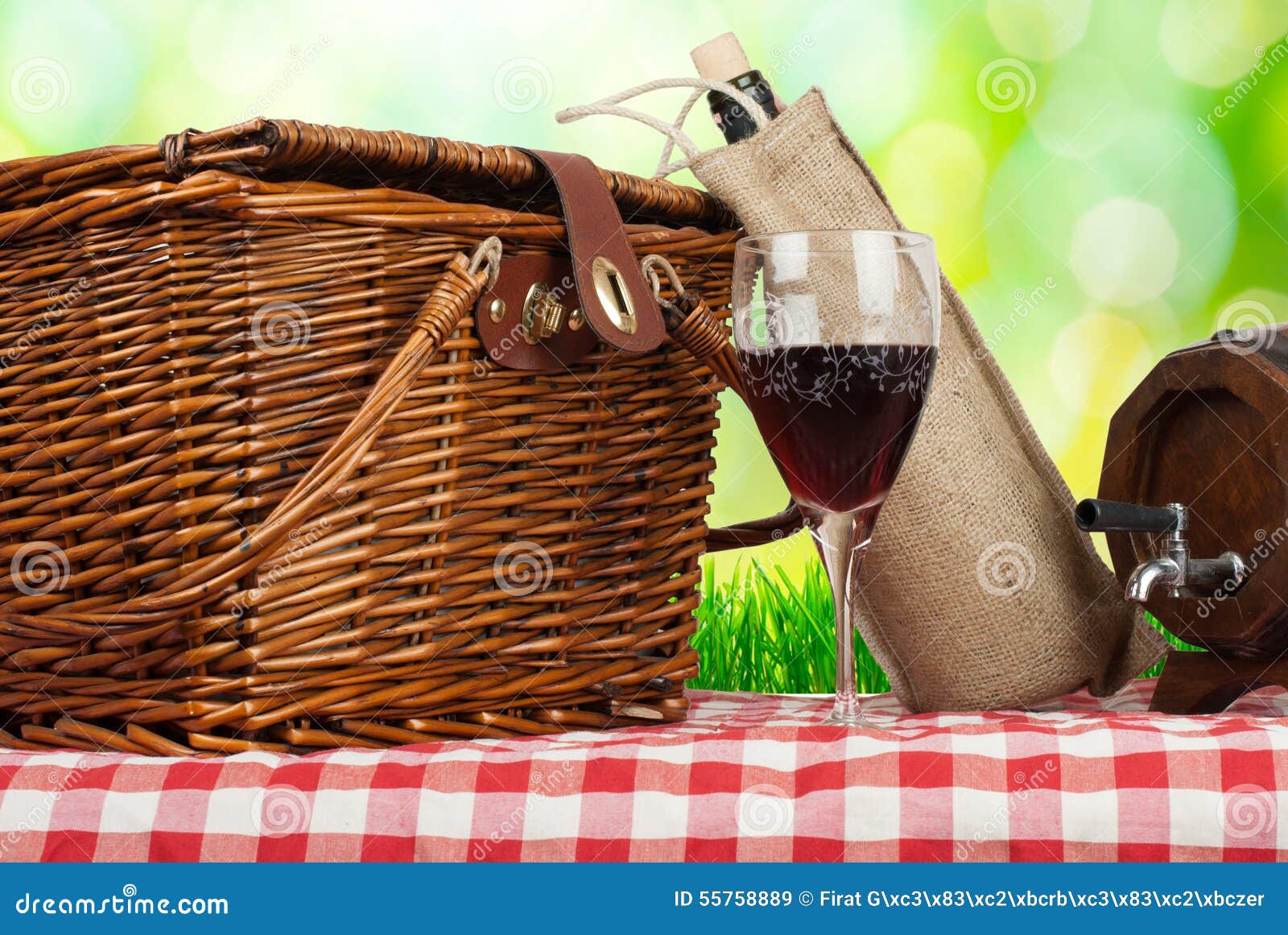 Picnic Basket on the Table with Glass of Wine Stock Image Image of