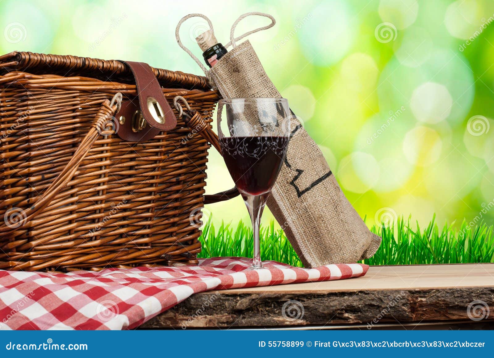 Picnic Basket on the Table with Glass of Wine Stock Image Image of