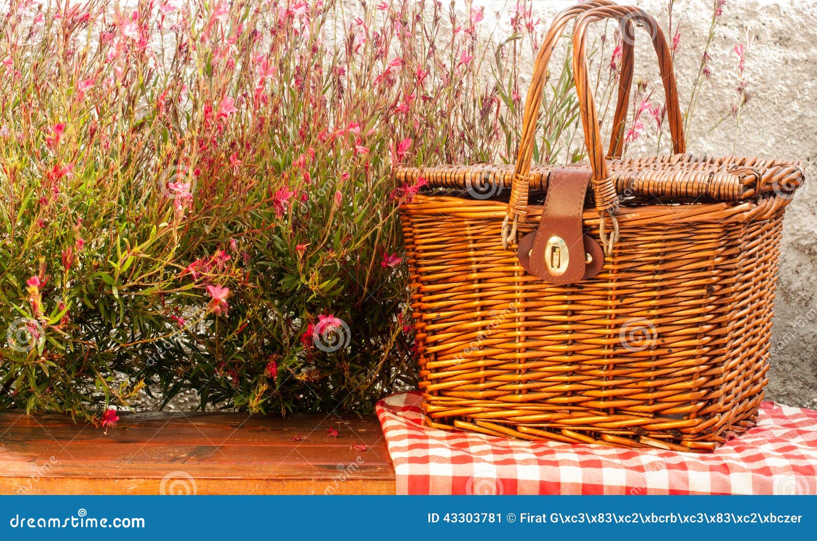 Picnic Basket on the Table with Red Flowers Stock Image Image of