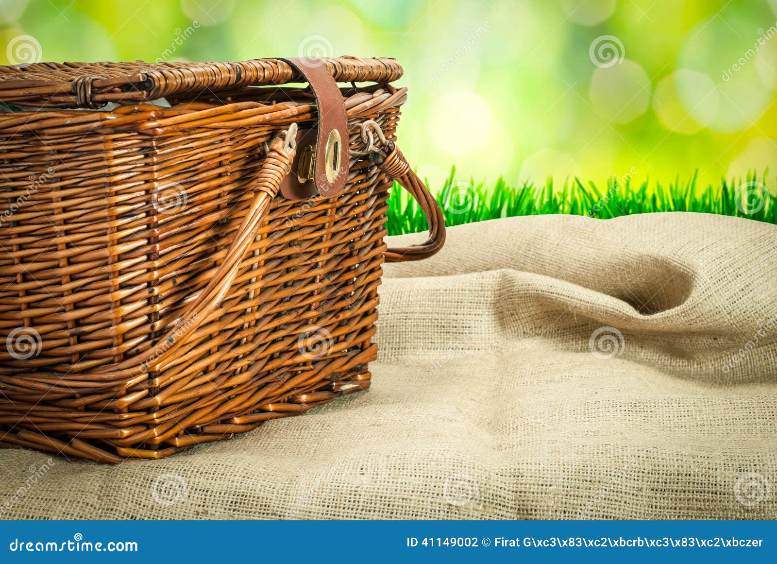 Picnic Basket on the Table with Sack Cloth Stock Photo Image of green